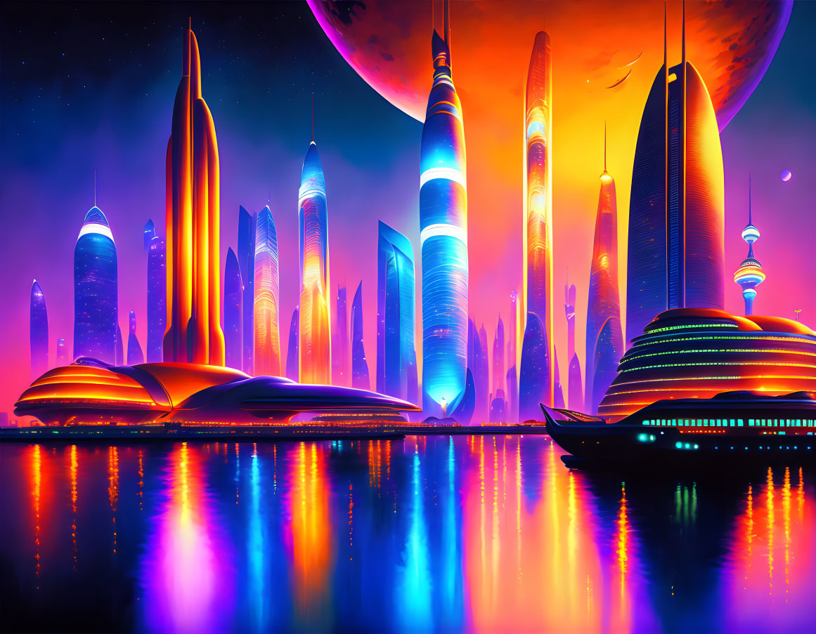 Futuristic cityscape with tall skyscrapers and colorful sky