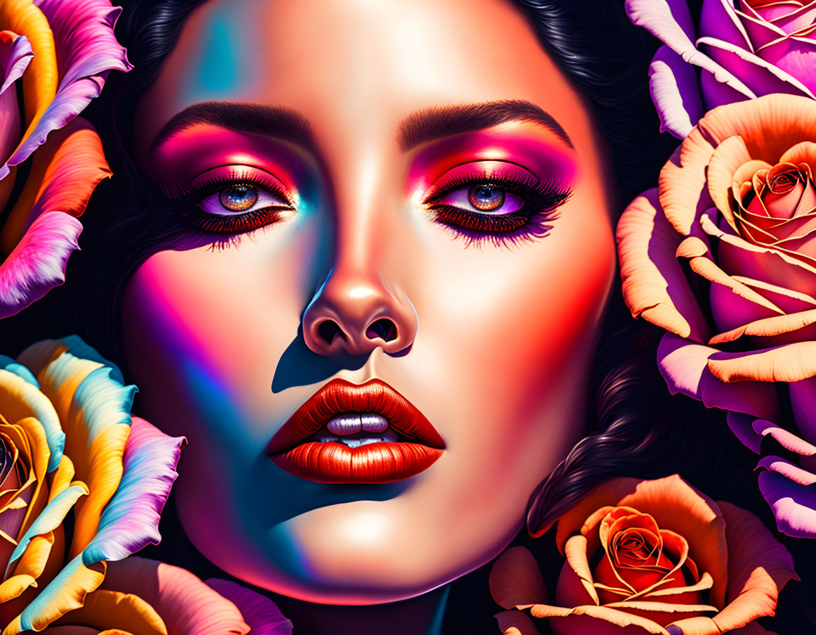 Colorful digital portrait of a woman with dramatic makeup and multicolored roses.
