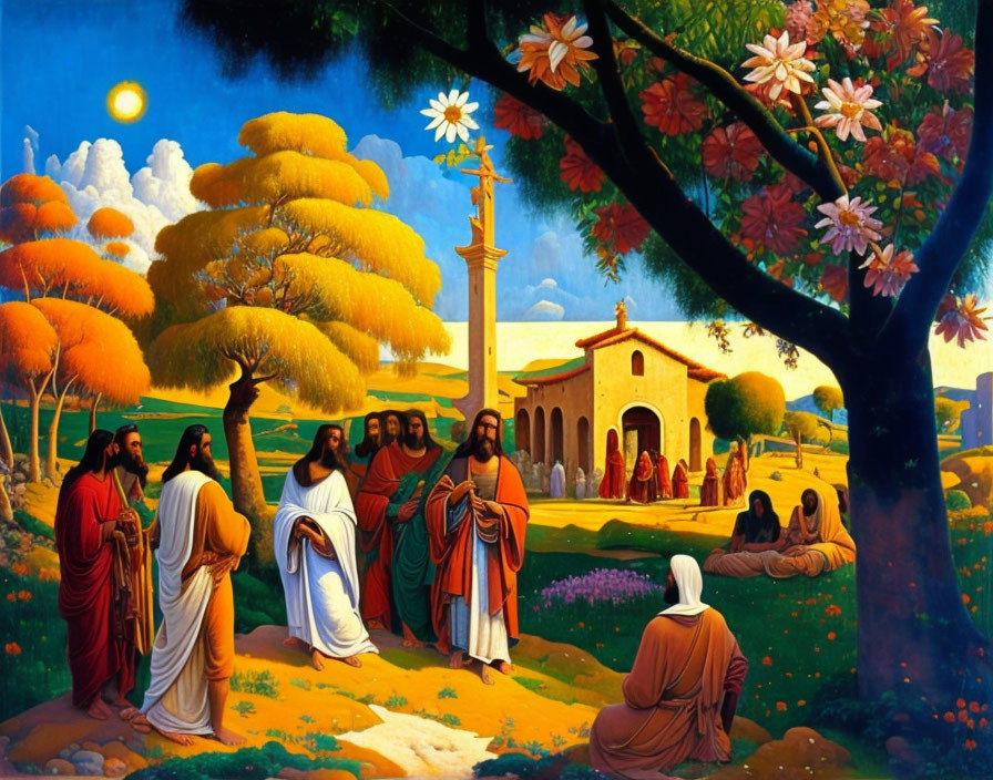 Colorful biblical scene with Jesus and disciples in scenic village setting.