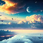 Vibrant surreal landscape with sky, clouds, birds, planets, river & mountains