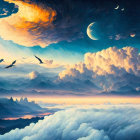 Surreal landscape with vibrant sunset, fluffy clouds, crescent moon, and misty mountains