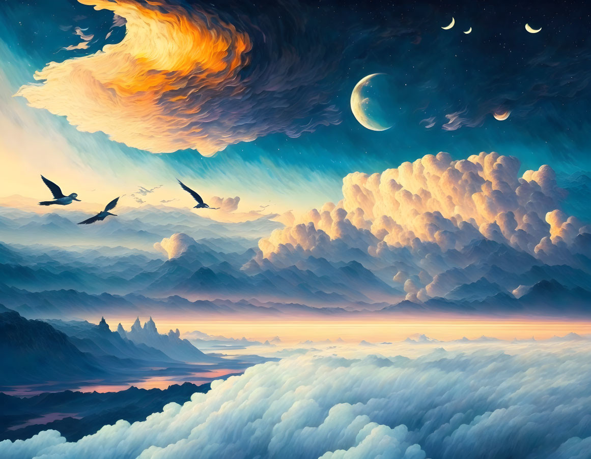Vibrant surreal landscape with sky, clouds, birds, planets, river & mountains