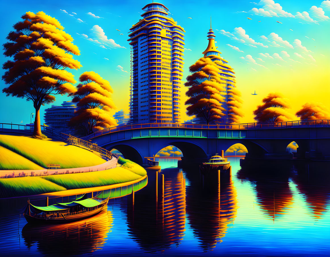 Futuristic cityscape digital artwork with bridge, boat, and birds