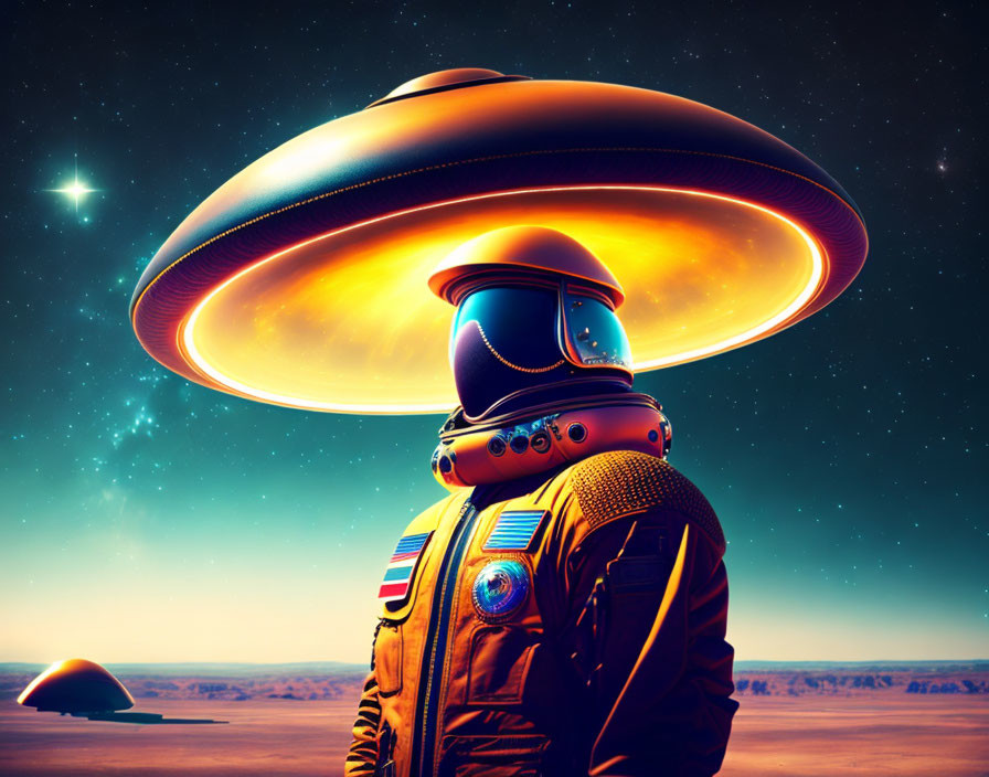 Astronaut in spacesuit on alien landscape with hovering UFOs