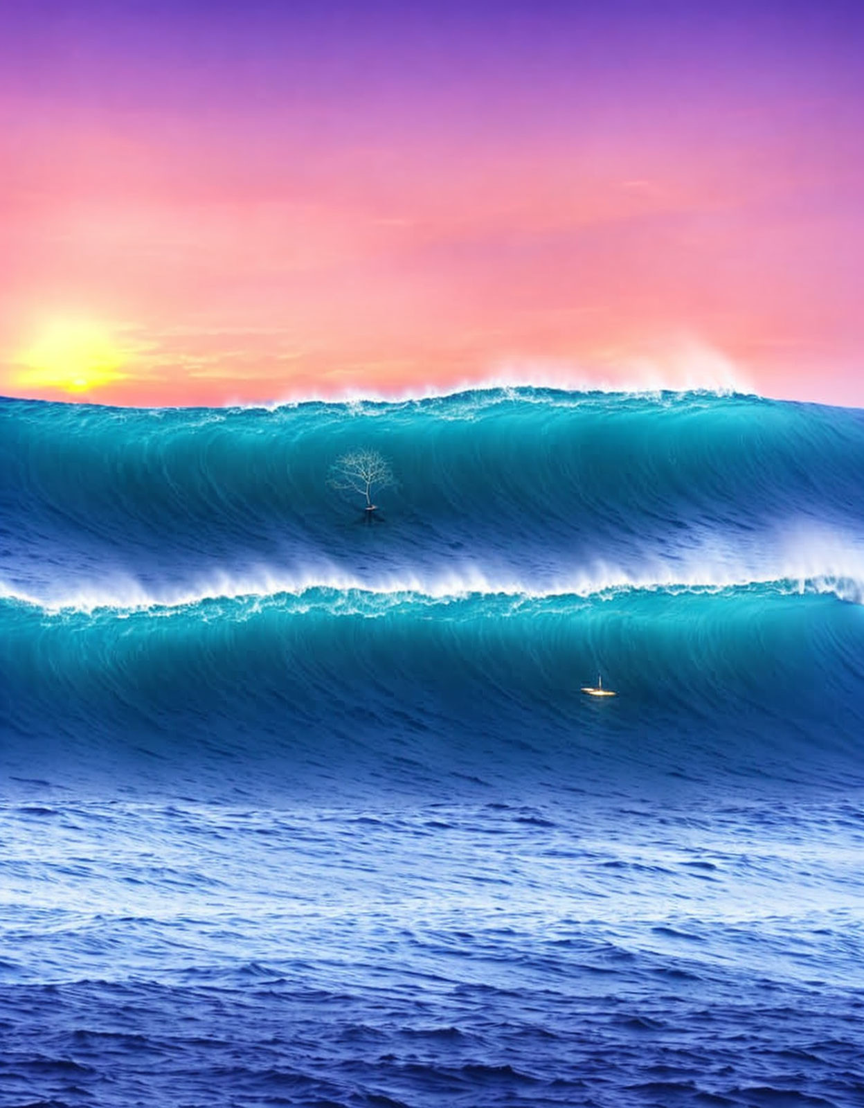 Colorful sunset backdrop to large ocean wave at dusk