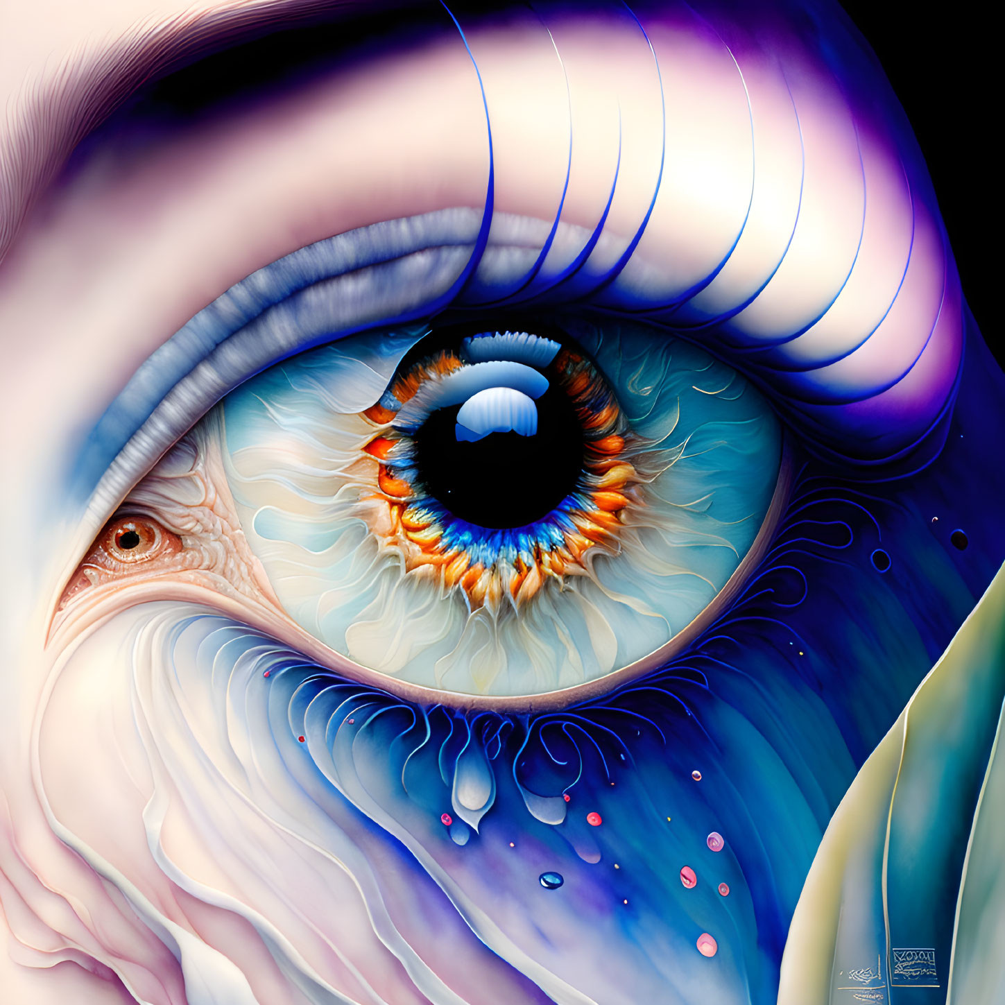 Colorful surreal human eye illustration with exaggerated features