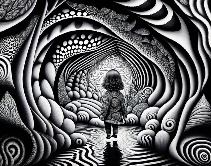 Monochrome artwork of child in swirling patterns