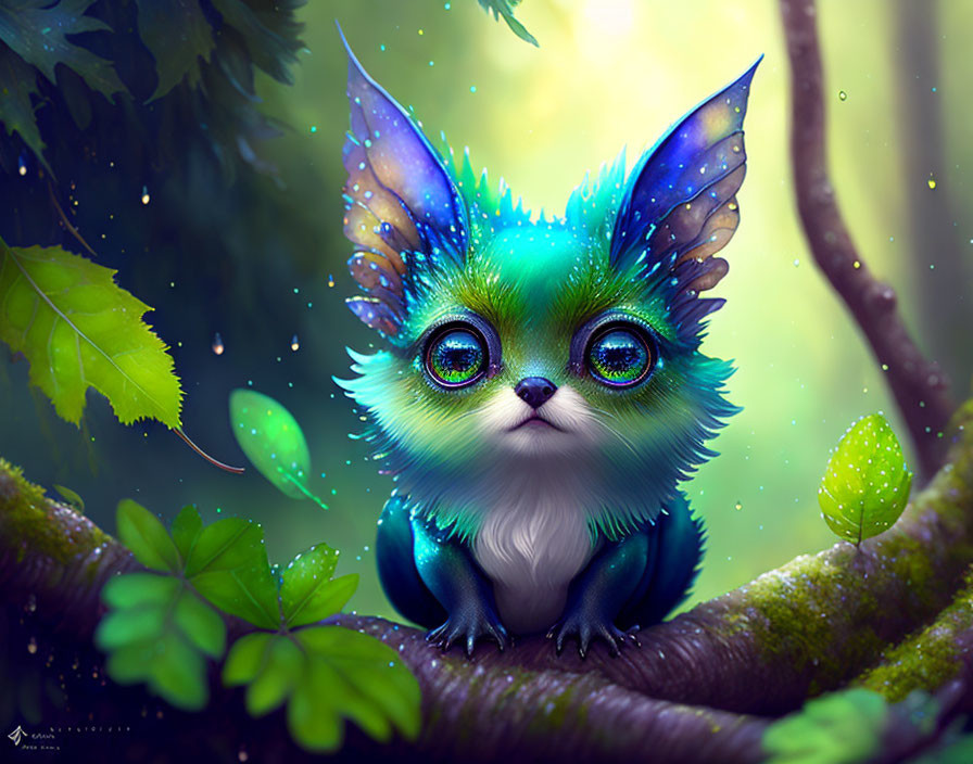 Colorful whimsical creature with butterfly wings in lush greenery