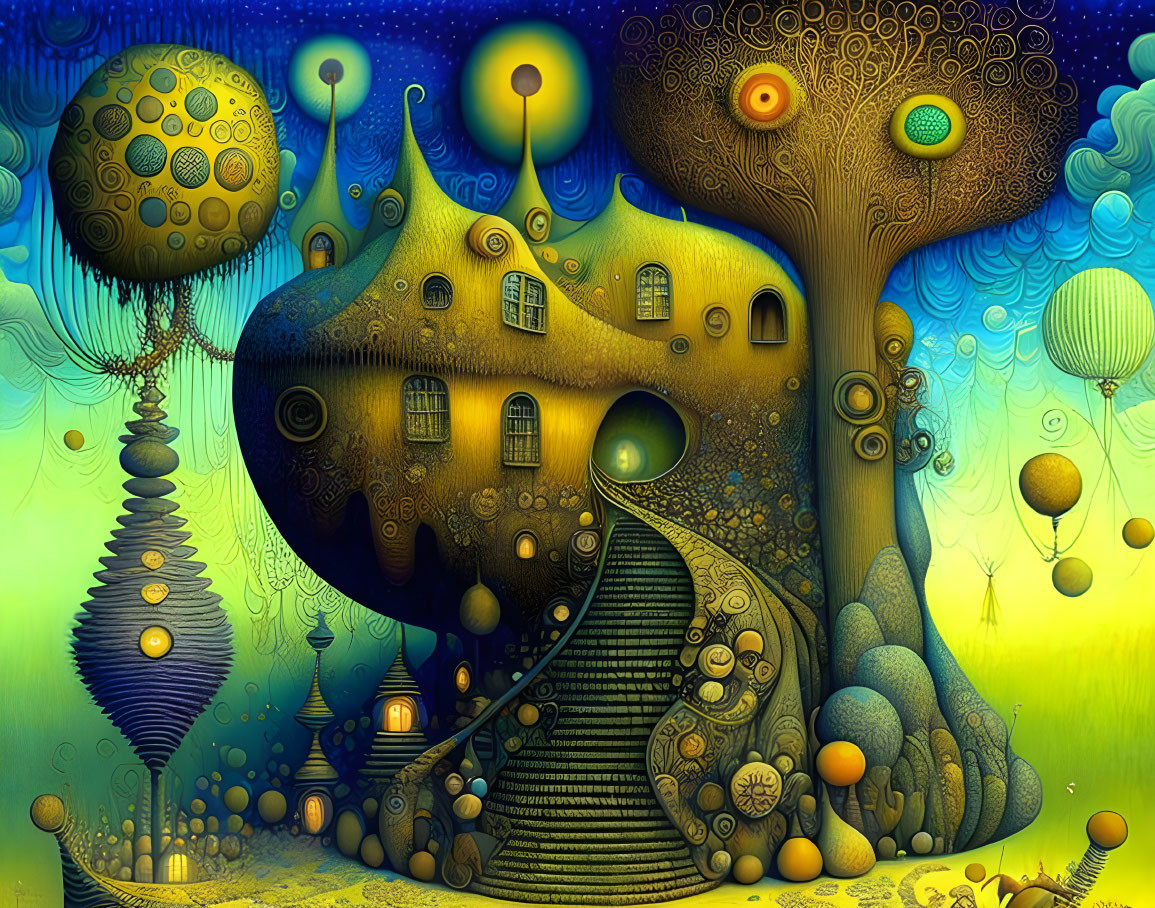 Fantasy landscape digital artwork with tree-integrated house and floating orbs
