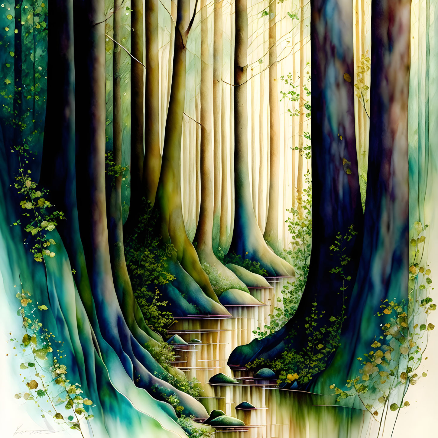 Ethereal forest illustration with tall trees, waterfalls, and lush greenery