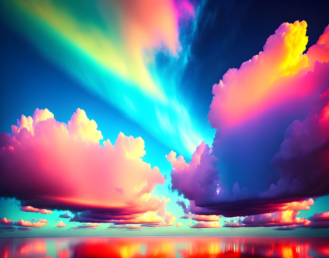 Surreal Landscape: Luminescent Clouds, Red Surface, Northern Lights