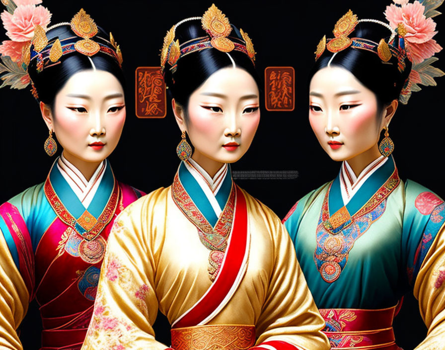 Three women in traditional Asian attire with elaborate hairstyles and makeup on black background