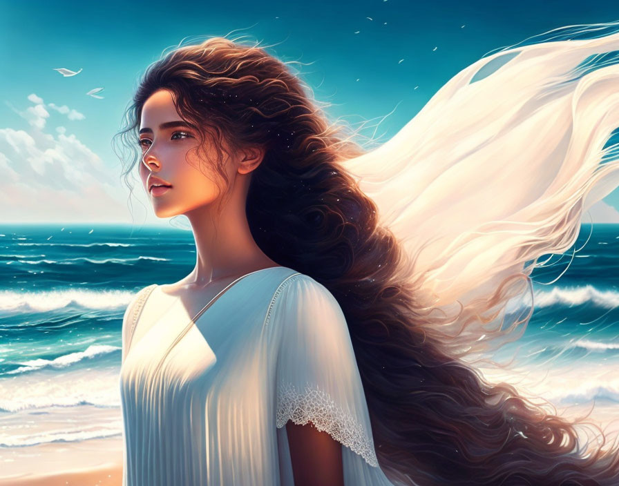 Woman in white dress by the sea with flowing hair