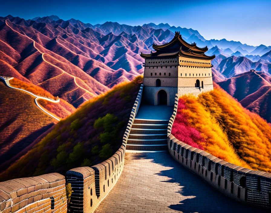 Iconic Great Wall of China winding through colorful hills under blue sky