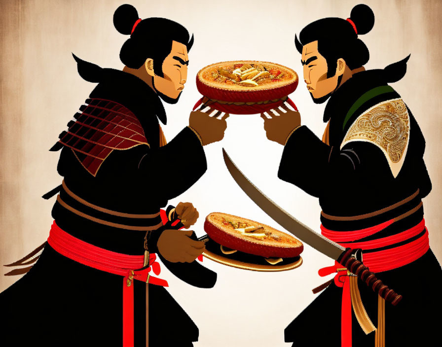 Traditional attire animated characters duel over dumplings.