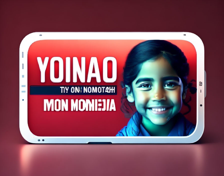 Smiling Child Image with Foreign Language Text on Smartphone