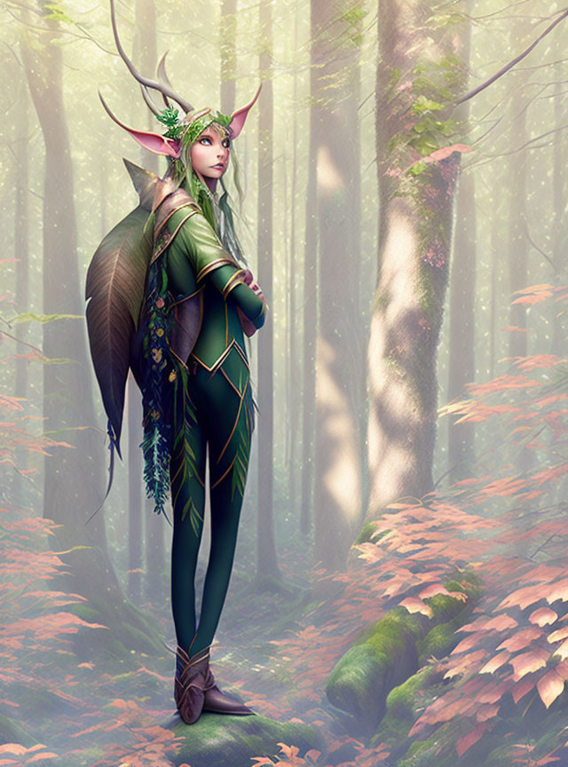 Elf with Antlers in Green Armor and Leafy Crown in Misty Forest