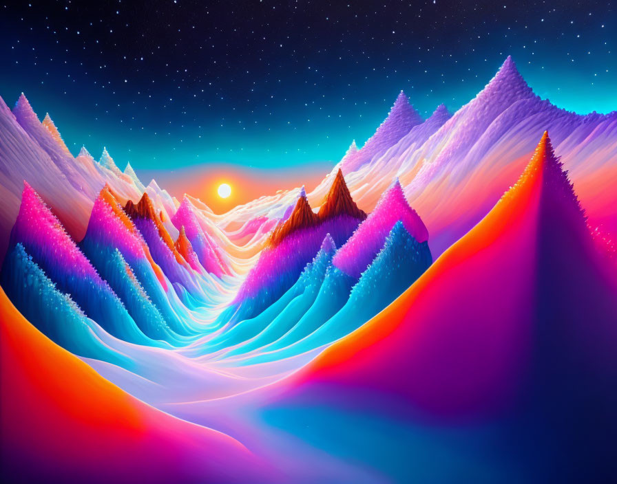 Colorful Mountain Landscape with Starry Sky and Setting Sun