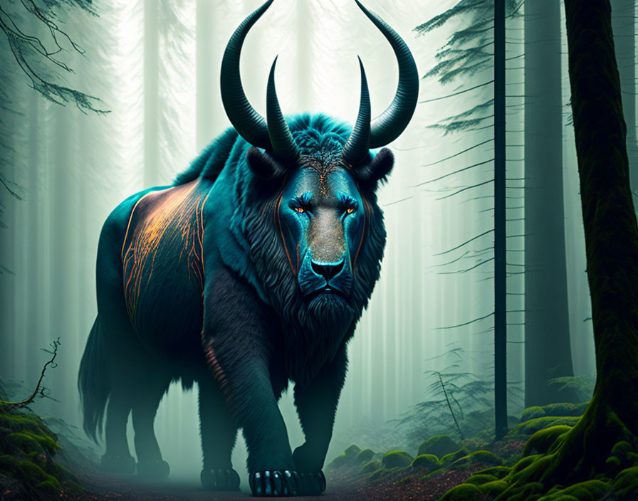 Majestic mythical bison-like creature with curled horns in a foggy forest