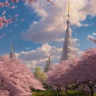 Cherry blossom park with people and futuristic towers in pink sky