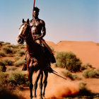 Traditional attire person on horseback with spear in dusty landscape