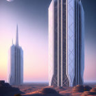 Futuristic crystalline towers under purple sky in desert landscape