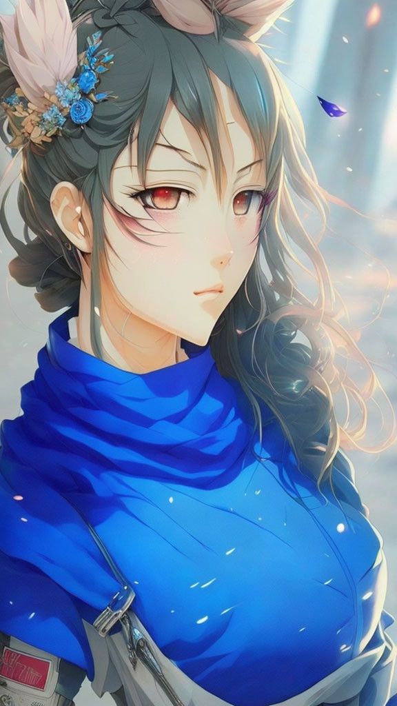 Anime-style digital art portrait of a female with long wavy hair and flowers, in blue turt