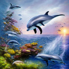 Dolphins leaping above coral reefs in colorful sunset ocean scene