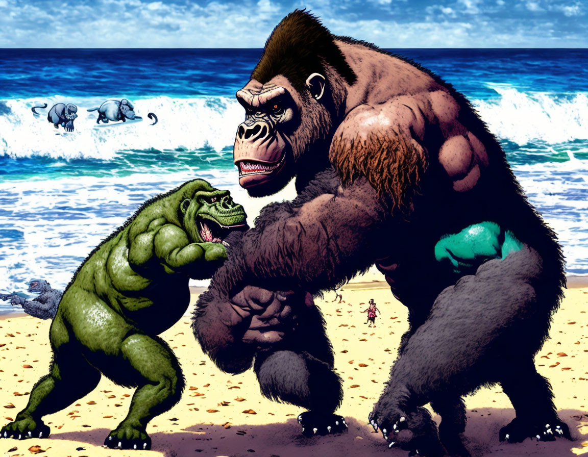 Illustrated gorilla vs. green dinosaur on beach with tiny figures
