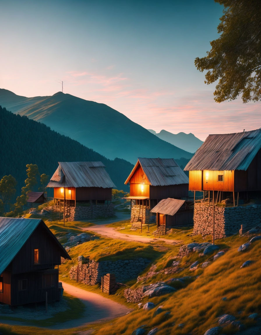 Rural Sunset Landscape with Wooden Houses and Mountains