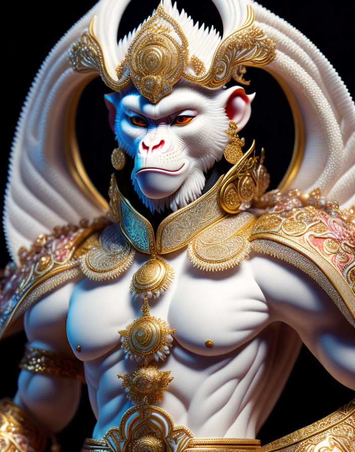 Detailed white-furred monkey in gold armor with blue facial features