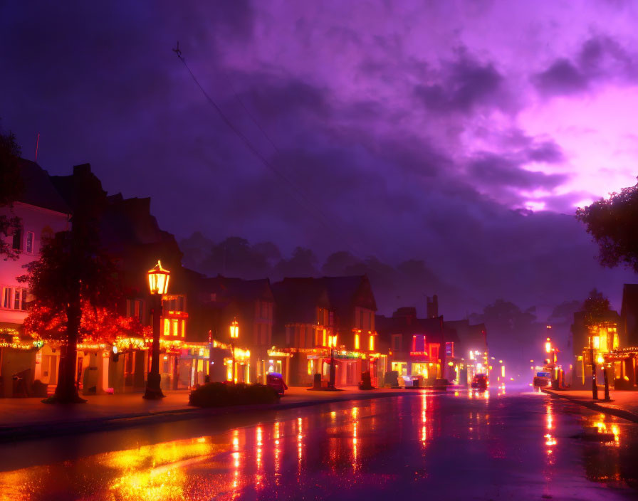 Small town in rainy night