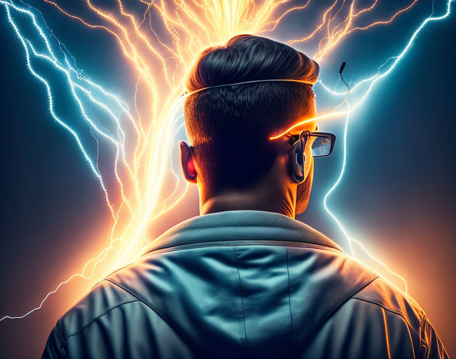 Person with glowing glasses and headphones amid lightning bolts