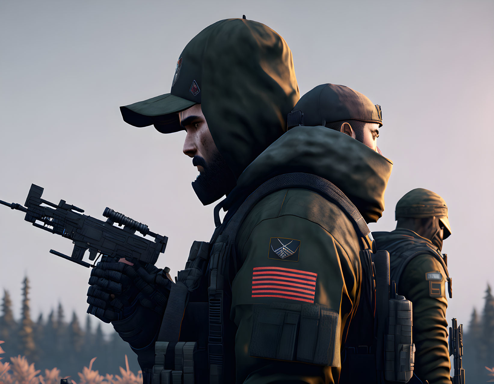 Three armed figures in tactical gear with hoodies and caps, one in profile with an American flag.