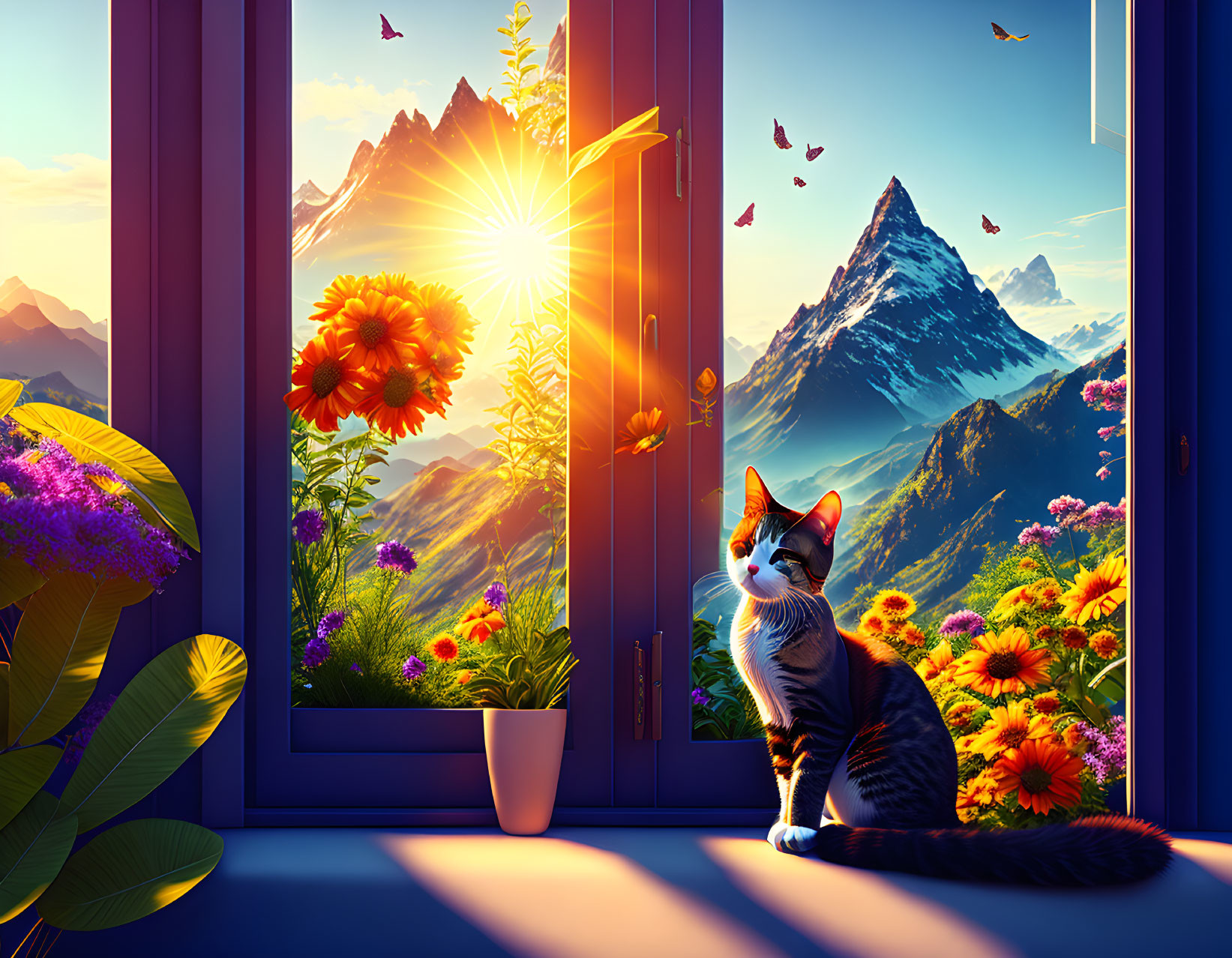 Cat by Open Window Observing Vibrant Mountain Landscape