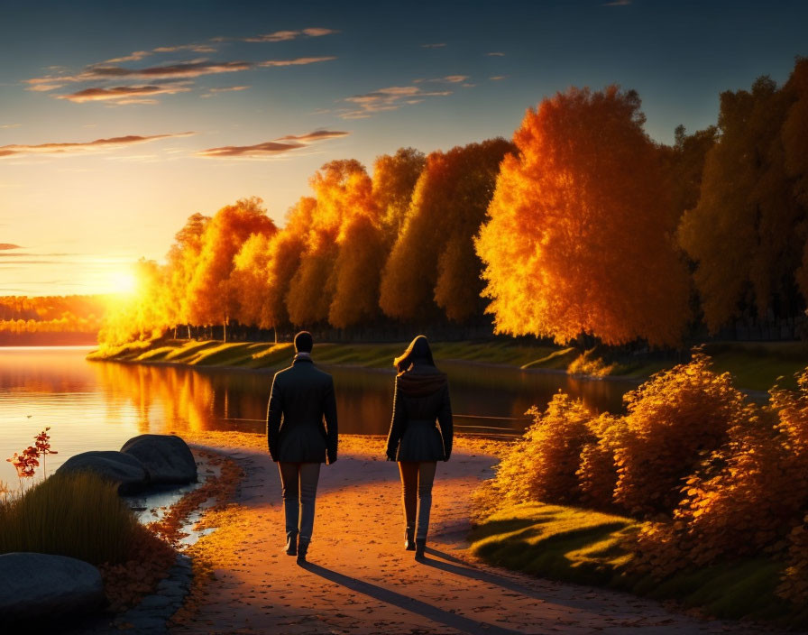 Couple walks into the golden autumn sunset