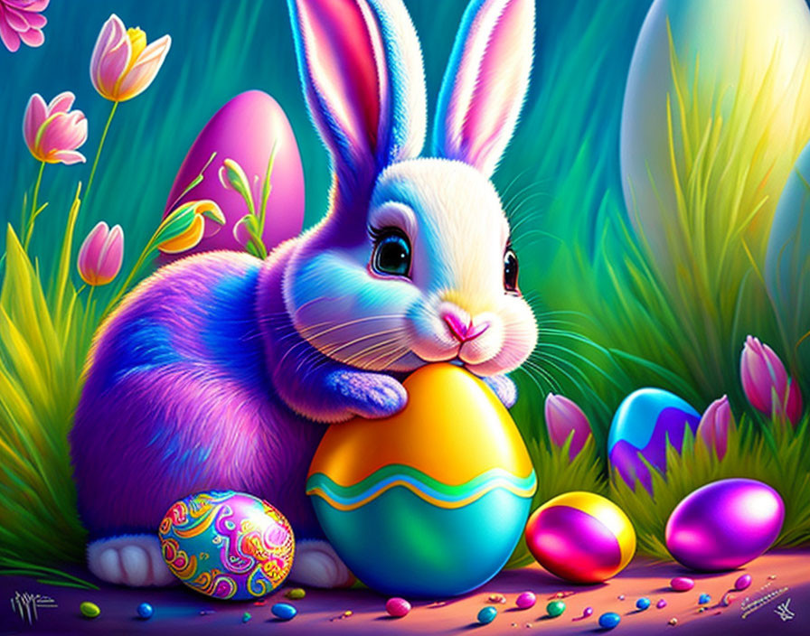 cute easter rabbit with colorful easter eggs