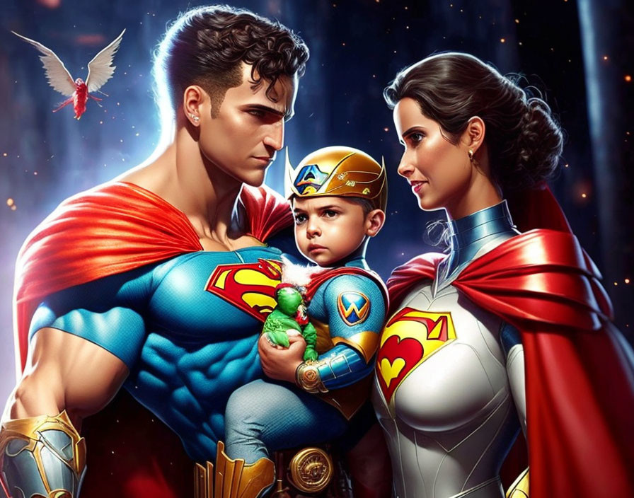 Superhero family with man, woman, and baby in capes under cosmic sky