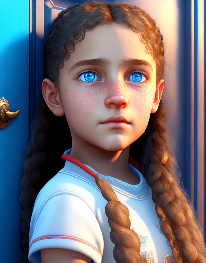 Young girl digital portrait with blue eyes, braided hair, and freckles on vibrant blue backdrop