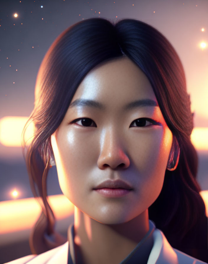 3D-Rendered Portrait of Asian Woman with Dark Hair
