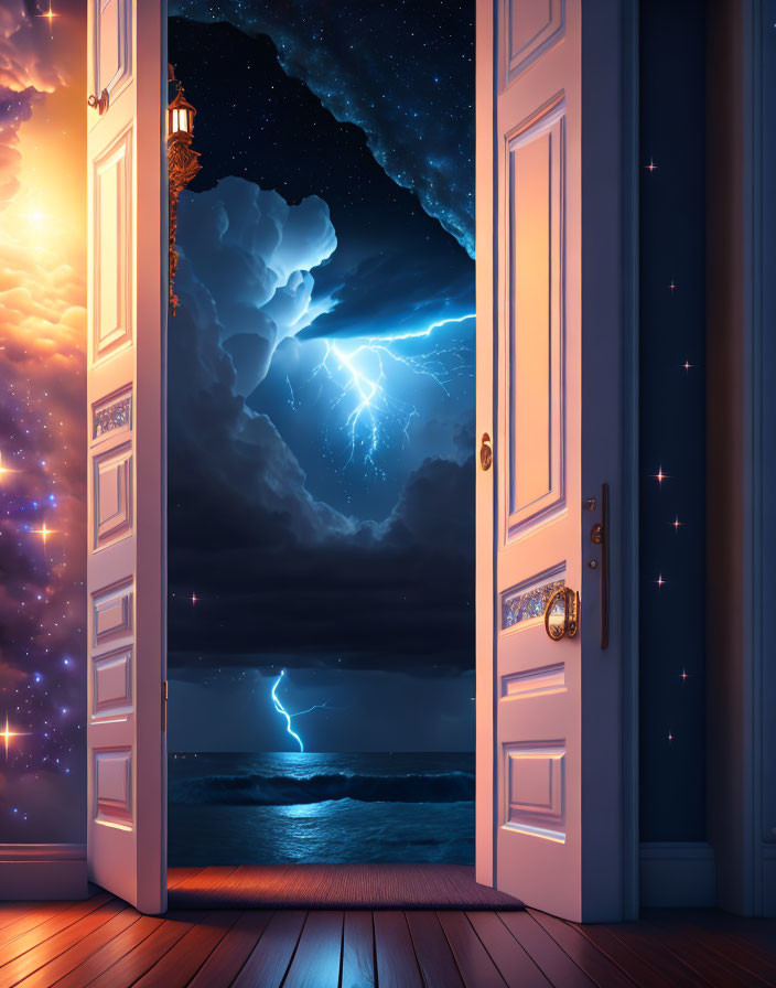 Cozy room door reveals dramatic seascape with thunderstorm and lightning