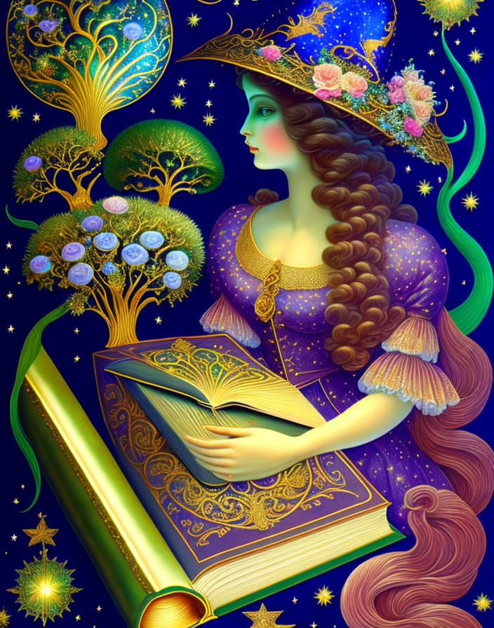 Illustration of woman with long braid, floral crown, reading book by magical tree in starry