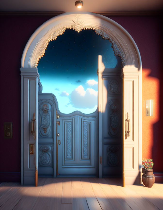 Whimsical open door to starry night sky meets classic warmly lit interior