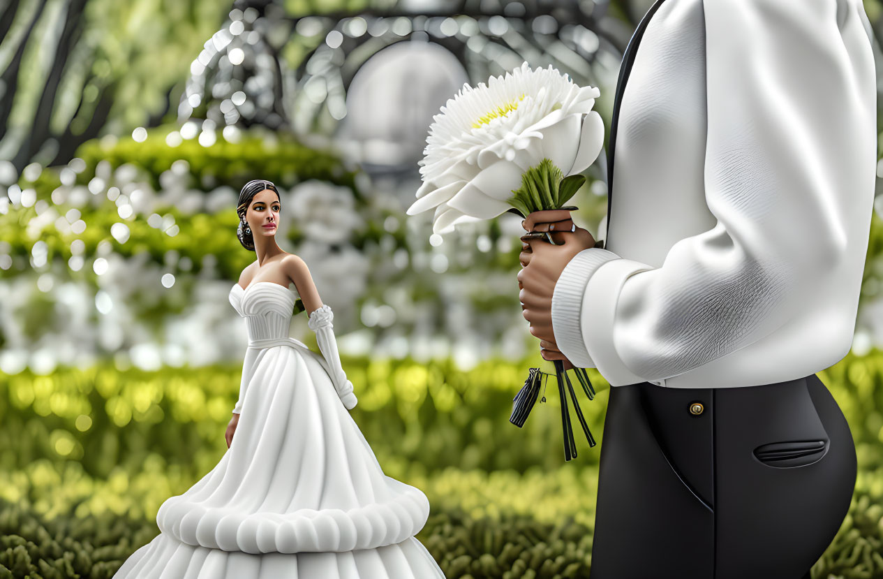 Bride in white gown with bouquet meets groom in black suit in lush garden