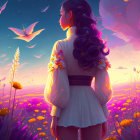 Woman with wings admires purple flower field at twilight with butterflies and sailboat