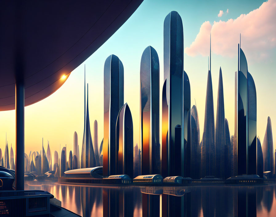 Futuristic city skyline at sunset with sleek skyscrapers reflecting on water
