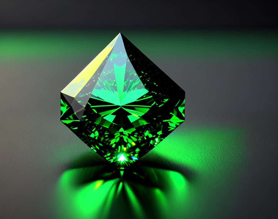 Radiant green diamond with brilliant facets on dark surface