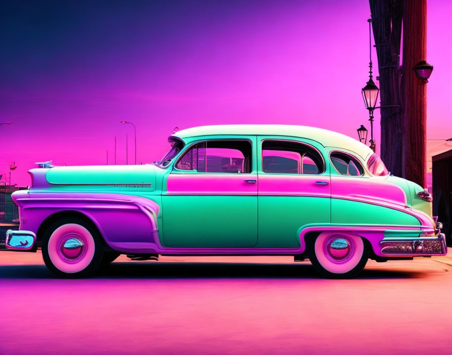 Vintage Car with Purple to Teal Gradient Paint Job on Purple Background