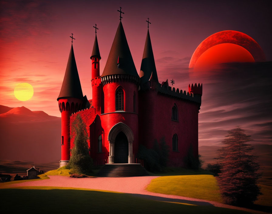Gothic castle at twilight with red skies and large red moon