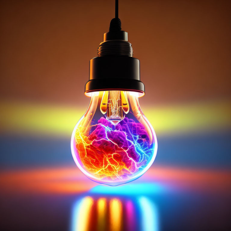 Vibrant light bulb with electrical discharge on orange and blue background